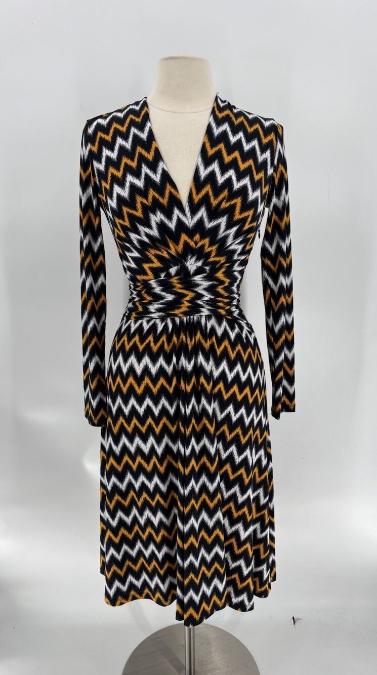 Michael Kors Midi Dress Womens 4 Black White Zig Zag Striped V Neck Tied Waist